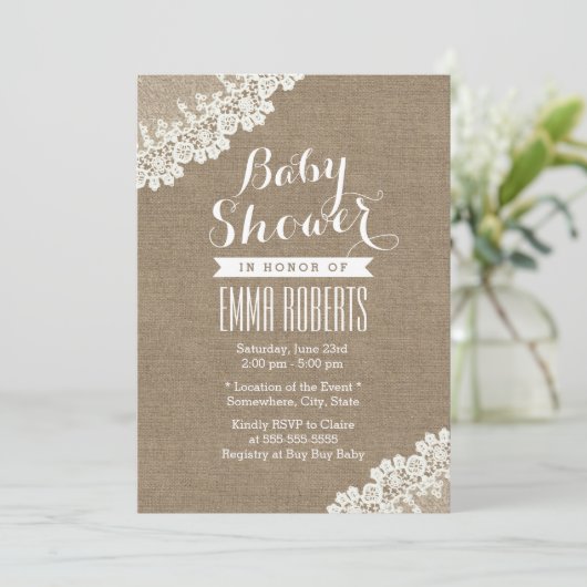 Rustisch Baby shower  White Lace Burlap Kaart (Staand voorkant)