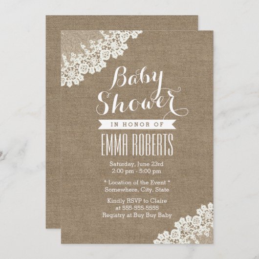 Rustisch Baby shower White Lace Burlap Kaart (Voorkant / Achterkant)