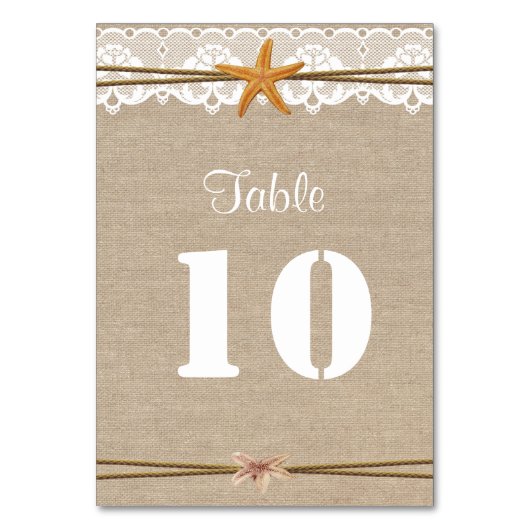 Rustisch Beach Starfish Lace Wedding Table Number Kaart (Voorkant)