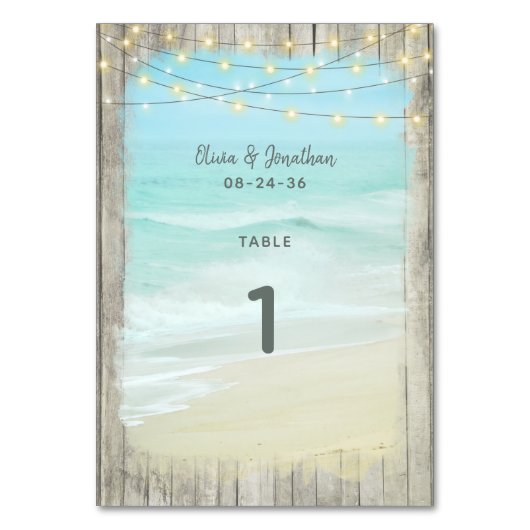 Rustisch Beach String Lights Wedding Table Number Kaart (Voorkant)