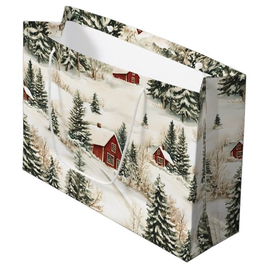 Rustisch Besneeuwd Bosdorp Rood Witte Kerst Groot Cadeauzakje (Voorkant Gekanteld)