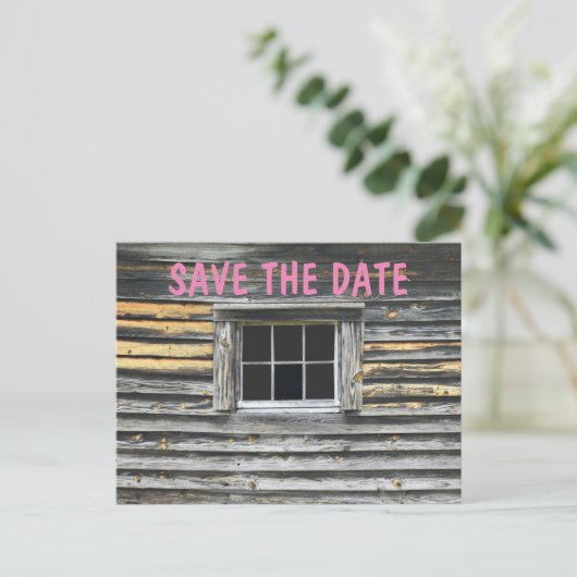 RUSTISCH BESPAAR DE DATUM BRIEFKAARTEN, CABIN AANKONDIGINGSKAART (Staand voorkant)