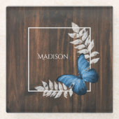 Rustisch blauw Butterfly - gepersonaliseerd Onderz Glazen Onderzetter (Voorkant)