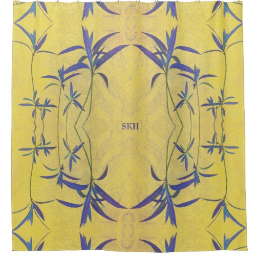 Rustisch blauw en geel douchegordijn (Voorkant)