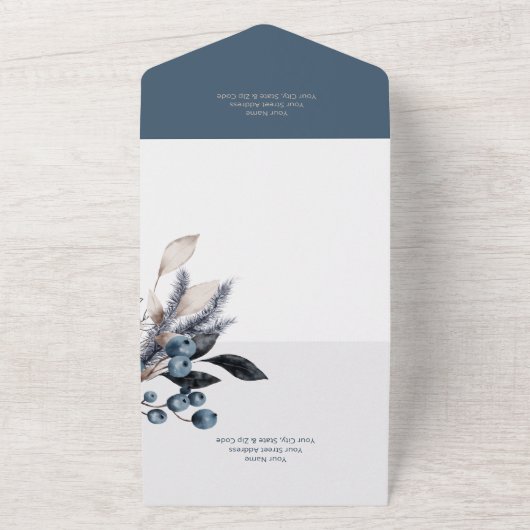 Rustisch blauw en wit winterdeeg all in one uitnodiging (Buitenkant)