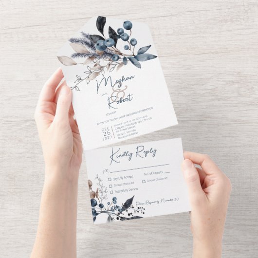 Rustisch blauw en wit winterdeeg all in one uitnodiging (Afscheurbaar)