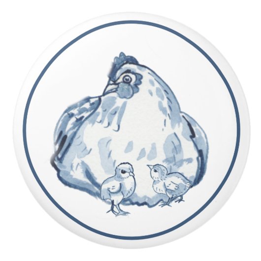 Rustisch Blauw en Witte Kip Hen Country Delft Keramische Knop (Voorkant)