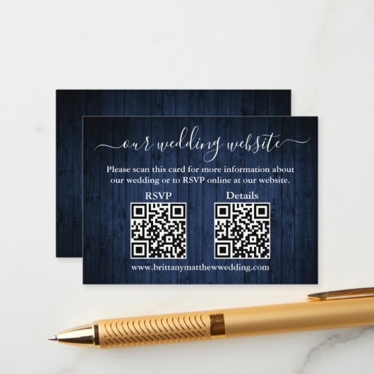 Rustisch blauw hout 2 QR Wedding RSVP - Gegevens Informatiekaartje (Voorkant / Achterkant in situ)