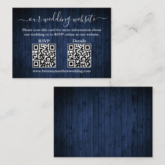 Rustisch blauw hout 2 QR Wedding RSVP - Gegevens Informatiekaartje (Voorkant / Achterkant)