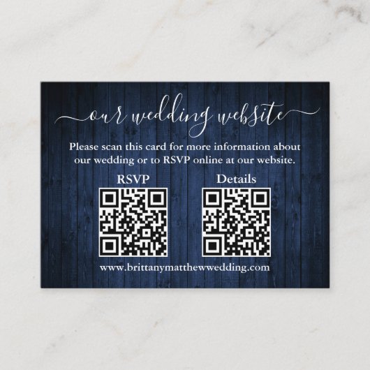 Rustisch blauw hout 2 QR Wedding RSVP - Gegevens Informatiekaartje (Voorkant)