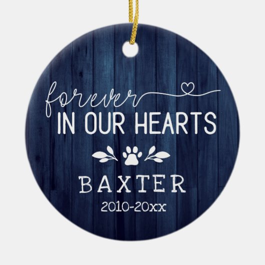 Rustisch blauw hout voor altijd in ons hartenpakje keramisch ornament (Voorkant)