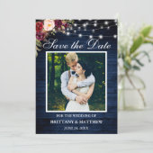 Rustisch blauw hout Waterverf Burgundy Floral Ligh Save The Date (Staand voorkant)