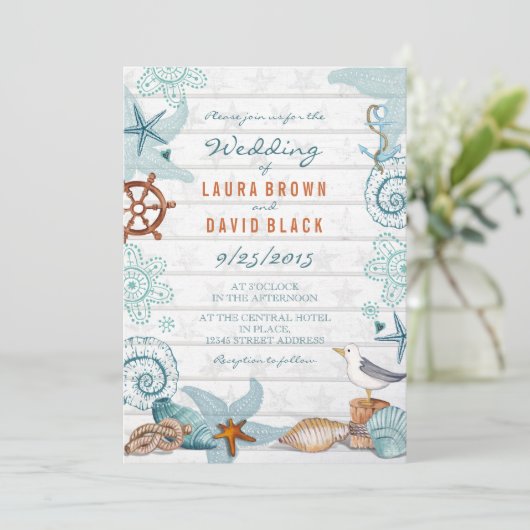 Rustisch blauw Nautical Beach Sand Wedding Kaart (Staand voorkant)