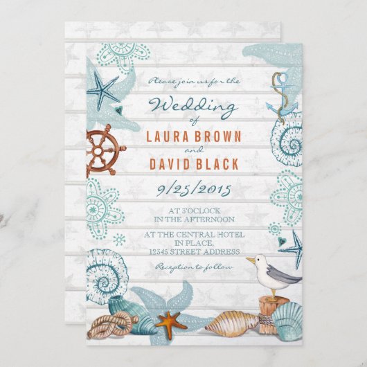 Rustisch blauw Nautical Beach Sand Wedding Kaart (Voorkant / Achterkant)