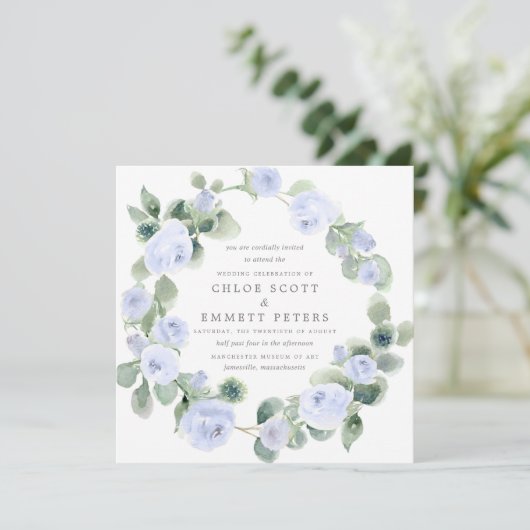 Rustisch blauw Roos Floral Eucalyptus Wedding Kaart (Staand voorkant)