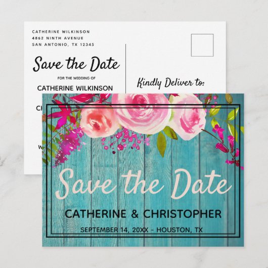 Rustisch blauw Roos Floral sparen de Datum Briefkaart (Voorkant / Achterkant)