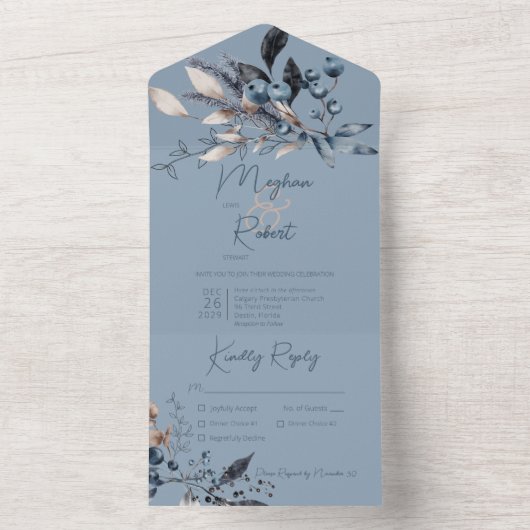 Rustisch blauw winterfeest Blauw diner All In One Uitnodiging (Binnen)