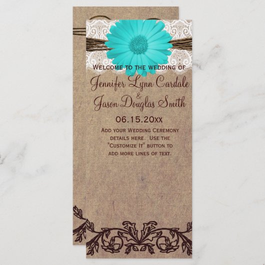 Rustisch Blauwgroen Duits Daisy Country Wedding Pr Programmakaart (Voorkant / Achterkant)