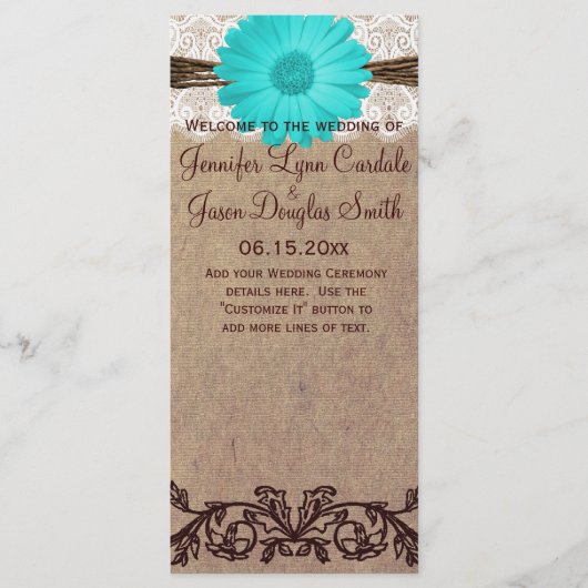 Rustisch Blauwgroen Duits Daisy Country Wedding Pr Programmakaart (Voorkant)