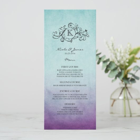 Rustisch Blauwgroen en Paars Bohemian Wedding Menu (Staand voorkant)