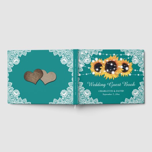 Rustisch Blauwgroen Lace Sunflower Wedding Guest B Gastenboek (Volledig)