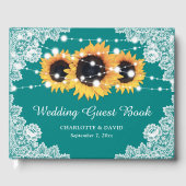 Rustisch Blauwgroen Lace Sunflower Wedding Guest B Gastenboek (Voorkant)