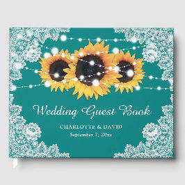 Rustisch Blauwgroen Lace Sunflower Wedding Guest B Gastenboek
