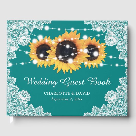Rustisch Blauwgroen Lace Sunflower Wedding Guest B Gastenboek (Voorkant)