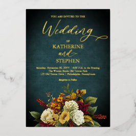 Rustisch Blauwgroen | SINAASAPPEL | Rode Floral Bo Folie Uitnodiging