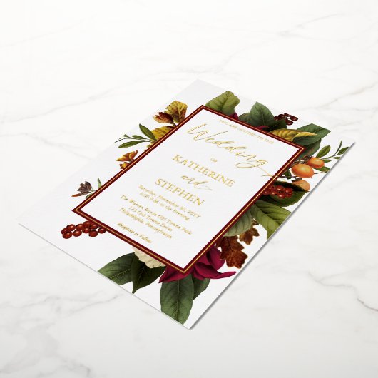 Rustisch Blauwgroen | SINAASAPPEL | Rode Floral Bo Folie Uitnodiging (Gedraaid)