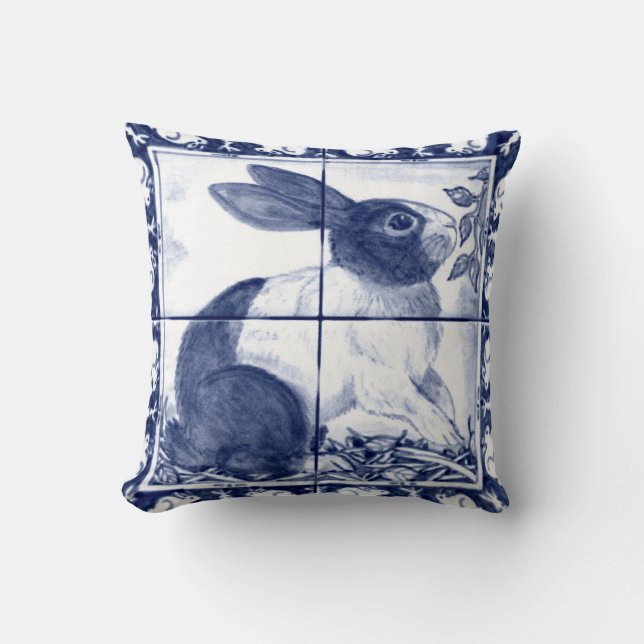 Rustisch Blue Dutch Rabbit Dedham Delft Cottcore Kussen (Voorkant)