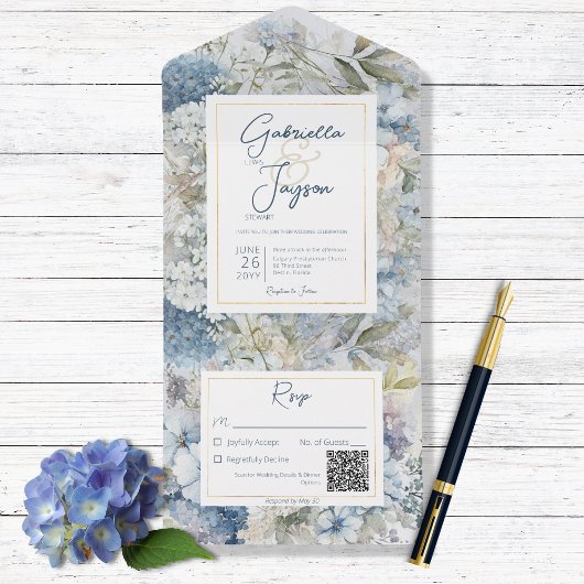 Rustisch Blue Floral Waterverf QR-code All In One Uitnodiging