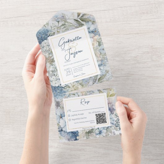 Rustisch Blue Floral Waterverf QR-code All In One Uitnodiging (Afscheurbaar)