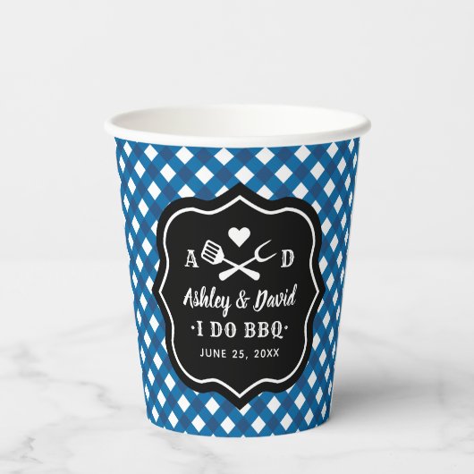 Rustisch Blue I Do BBQ Custom Wedding Monogram Papieren Bekers (Achterkant)