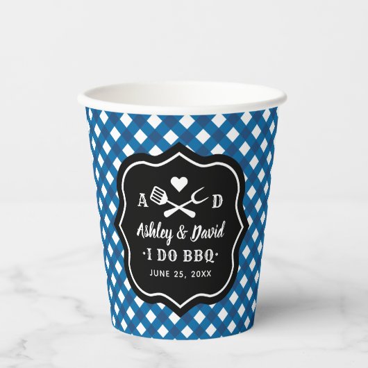 Rustisch Blue I Do BBQ Custom Wedding Monogram Papieren Bekers (Voorkant)