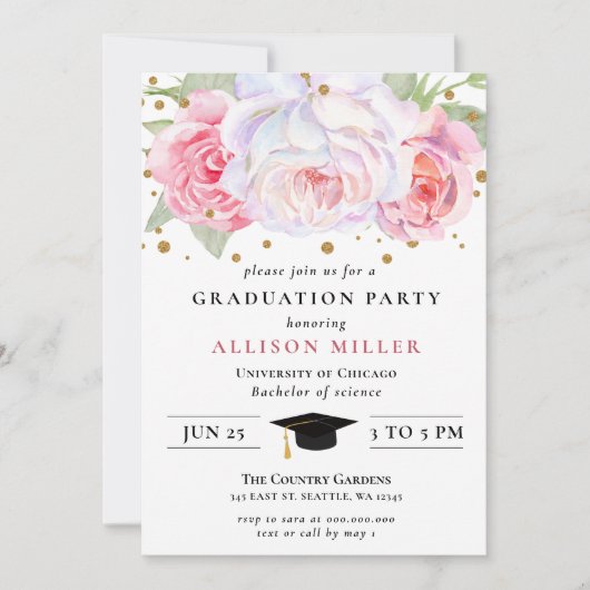 Rustisch Blush Gold Floral Botanisch Afstuderen Kaart (Voorkant)