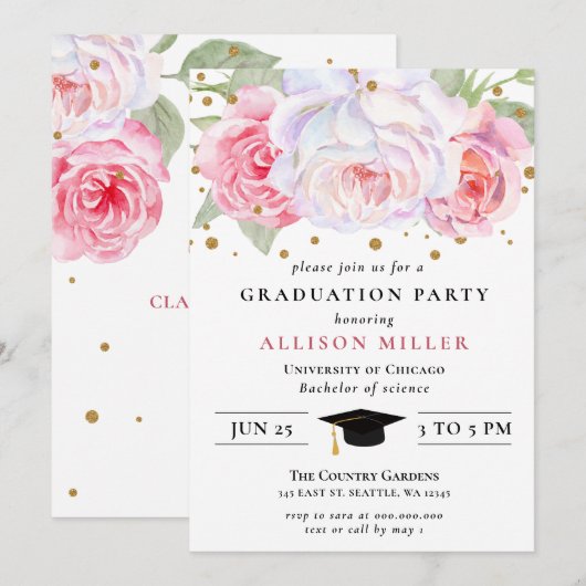 Rustisch Blush Gold Floral Botanisch Afstuderen Kaart (Voorkant / Achterkant)