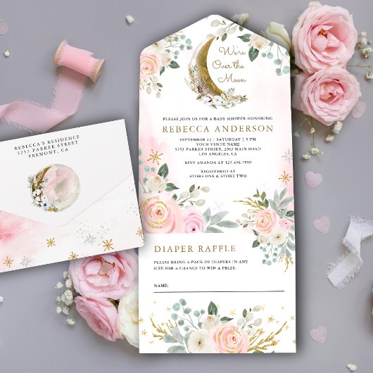 Rustisch Blush Pink Floral Gold Moon Baby shower All In One Uitnodiging