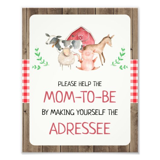 Rustisch Boerderij Adressee Baby shower Sign Foto Afdruk (Voorkant)