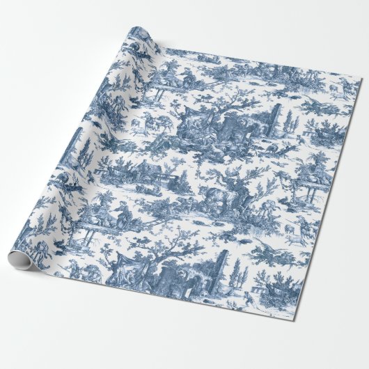  Rustisch Boerderij Frans Toile-Blue en White Cadeaupapier (Uitgerold)