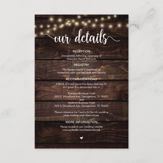 Rustisch Boerderij Hout, String Lights, Weddenscha Informatiekaartje (Voorkant)