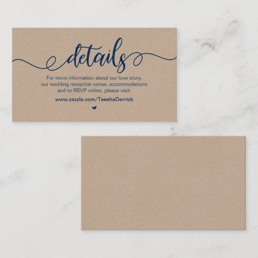 Rustisch Boerderij, marineblauw, Kraft, huwelijksg Informatiekaartje (Voorkant / Achterkant)