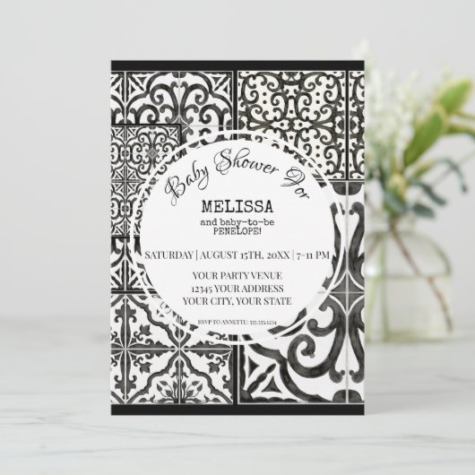 Rustisch Boerderij Tile Black White Modern Baby sh Kaart (Staand voorkant)