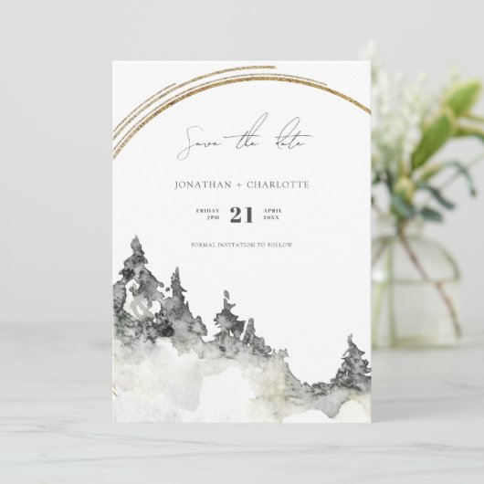 Rustisch bos en Bergbruiloft Save The Date (Staand voorkant)