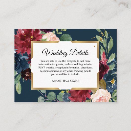 Rustisch Bourgogne Lijst Blauw en rood Floral Gold Informatiekaartje (Voorkant)