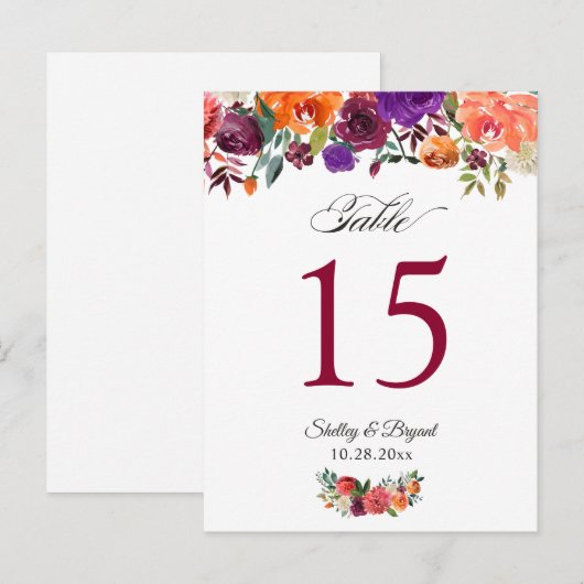 Rustisch Bourgogne Oranje Floral Wedding Table Num Briefkaart (Voorkant / Achterkant)