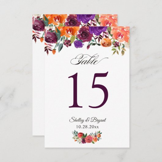 Rustisch Bourgogne Oranje Floral Wedding Table Num RSVP Kaartje (Voorkant / Achterkant)