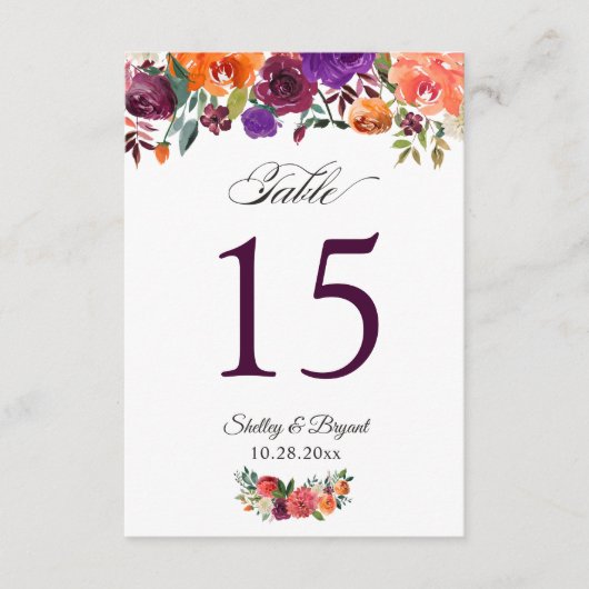 Rustisch Bourgogne Oranje Floral Wedding Table Num RSVP Kaartje (Voorkant)