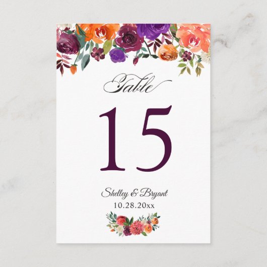 Rustisch Bourgogne Oranje Floral Wedding Table Num RSVP Kaartje (Achterkant)