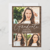 Rustisch bruin hout 3 foto's collage afstuderen aankondiging (Voorkant)